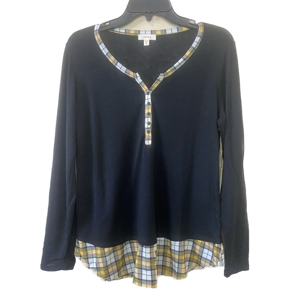 Women's Me & U Top Long Sleeve Shirt with plaid trimming Sz Medium - Picture 2 of 9